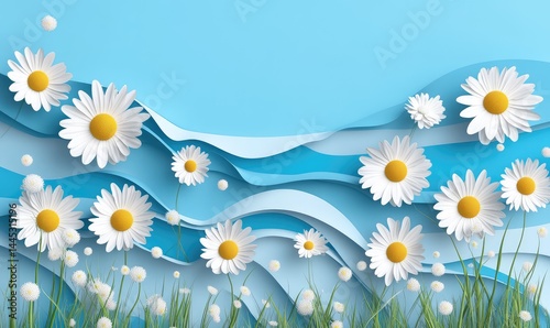White Daisies in Grass with Blue Sky Background. AI generated illustration. photo