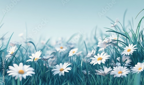 White Daisies in Grass with Blue Sky Background. AI generated illustration. photo