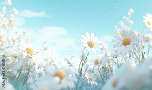 White Daisies in Grass with Blue Sky Background. AI generated illustration. photo