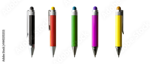 Pack of Pens in Five Different Poses Against Transparent Background for Stationery Branding, Office Design, or Educational Promotion Projects
