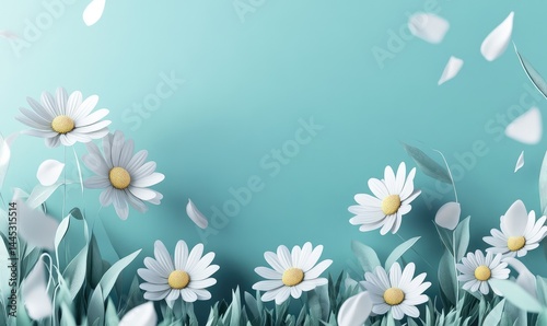 White Daisies in Grass with Blue Sky Background. AI generated illustration. photo