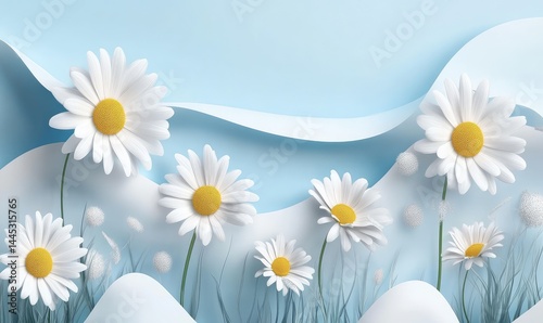 White Daisies in Grass with Blue Sky Background. AI generated illustration. photo