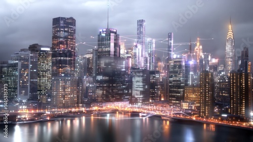 Cityscape at Dusk: A dynamic skyline of skyscrapers glistening under the twilight, illuminated by a myriad of lights, reflecting on the tranquil waters below.