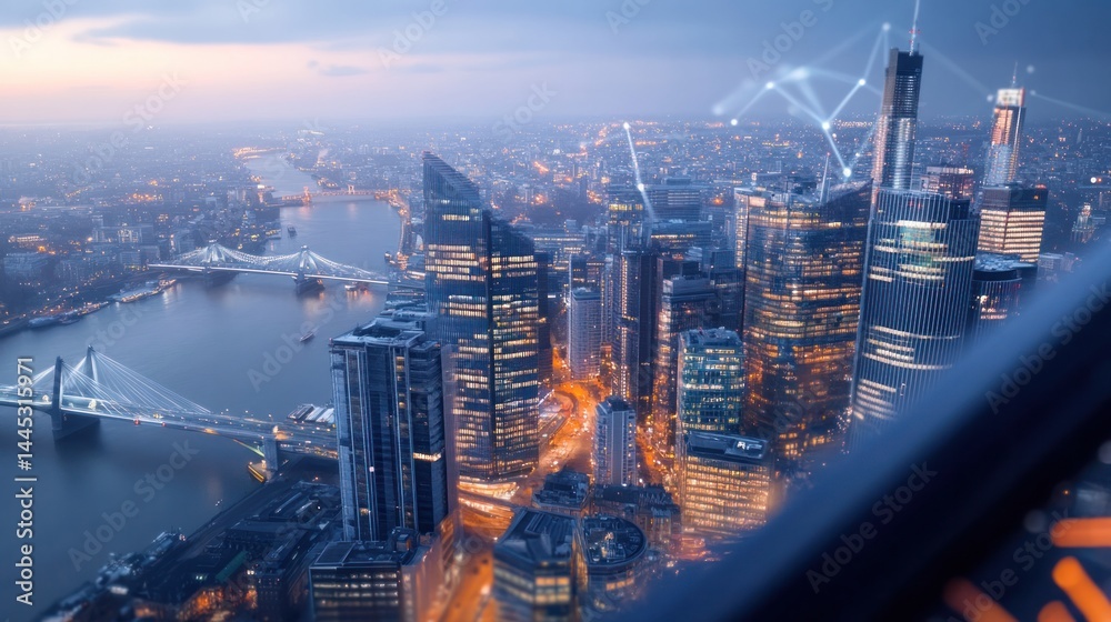 Fototapeta premium Cityscape at Dusk: Captivating aerial panorama showcasing a modern metropolis, its architectural marvels shimmering against the twilight sky, creating a blend of urban and digital connectivity.