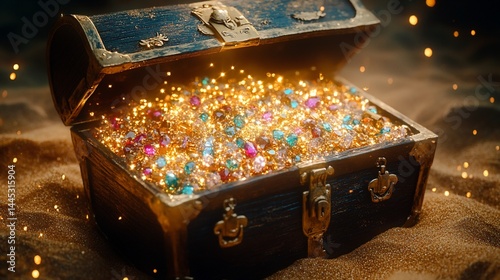Open treasure chest overflowing with glittering jewels on sand