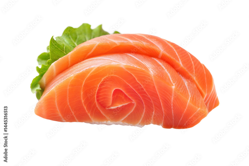 High Quality Salmon Sushi with Rice and Green Lettuce Isolated on White Plate High Quality Salmon Sushi with Rice and Green Lettuce Isolated on White Plate
