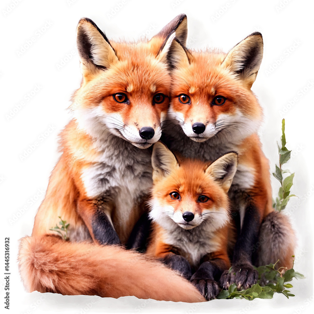 Fototapeta premium A heartwarming image of a red fox family. Two adult foxes cuddle their adorable kit. Their rich fur and captivating eyes create a beautiful scene.