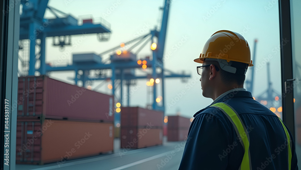 Port Manager Overseeing Automated Crane Operations for Shipping Containers in Chinese Export Hub: High Volume Throughput Control in Photo Stock Concept with Empty Space Port Manager Overseeing Automated Crane Operations for Shipping Containers in Chinese Export Hub: High Volume Throughput Control in Photo Stock Concept with Empty Space