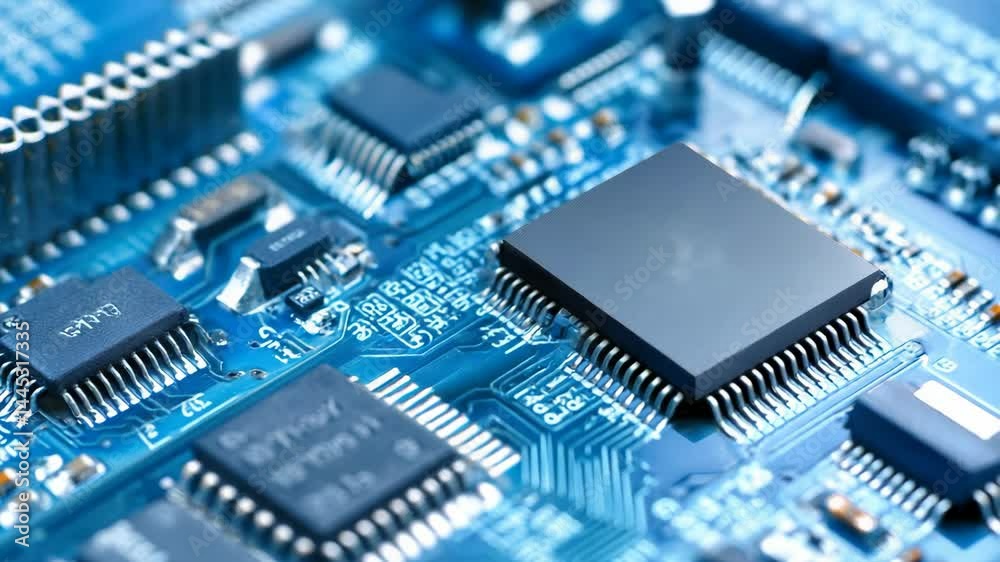 Close-up of a blue computer circuit board with integrated circuits, chips, and conductive traces representing technology and electronics concepts Close-up of a blue computer circuit board with integrated circuits, chips, and conductive traces representing technology and electronics concepts