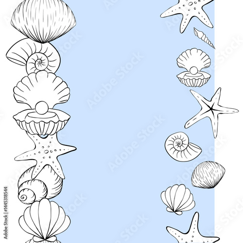 Seashells and starfish frame seamless vertical border template for text. Vector graphic line ink illustration. Marine life For poster, flyer, banner, invitation, social media, party or sale