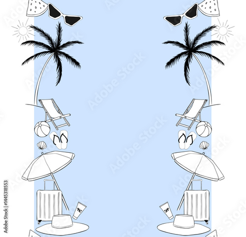 Beach staff frame seamless vertical border template for text. Vector graphic line ink illustration. Banner, poster, wrapping paper, sticker, print, modern textile design.