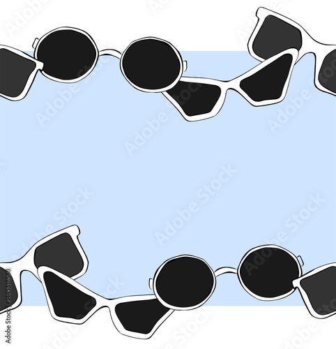 Sunglasses frame seamless horizontal border template for text. Vector graphic line ink illustration. Black sunglass, mens glasses silhouette and retro eyewear icon.
