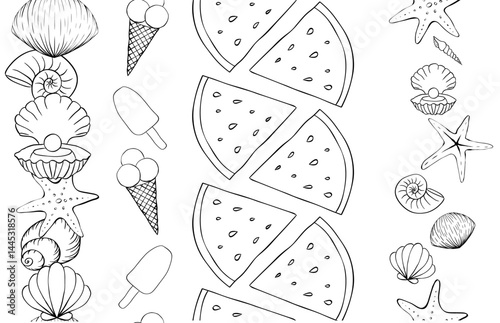 Ice Cream, watermelon slices, seashells seamless vertical border set. Vector graphic line ink illustration. For vacation poster, beach party invitation, ad, sale promotion, print for t-shirt
