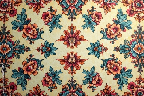 Intricate floral damask pattern on a faded, vintage background , style, motif, design