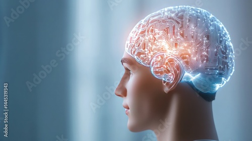 Human Brain Anatomy: This image presents a detailed depiction of the human brain, illuminated with a light, with the human side-face and head.