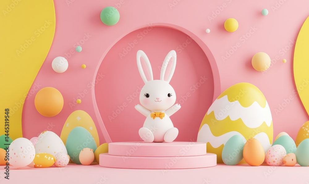 Obraz premium 3D Happy Easter Banner with Cute White Rabbit and Podium. AI generated illustration.