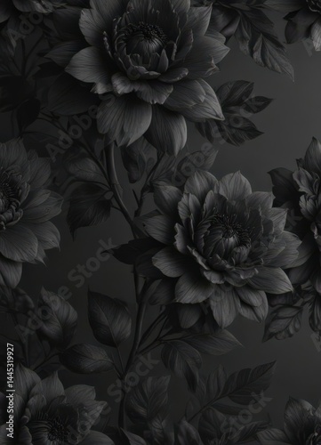 Intricate charcoal blooms on dark grey, elegant black floral pattern , texture, pattern, charcoal