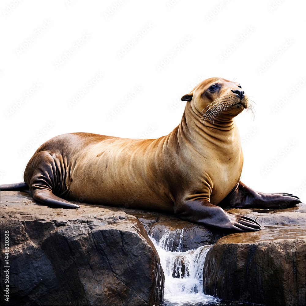 Fototapeta premium A majestic sea lion rests on dark rocks near a small waterfall. Its warm, brown fur contrasts beautifully with the cool tones of its surroundings.