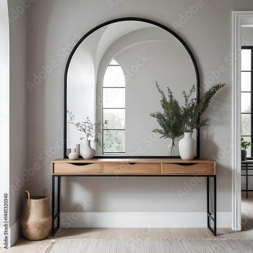 Wallpaper Mural Modern Hallway Console Table with Arch Mirror and Greenery Torontodigital.ca