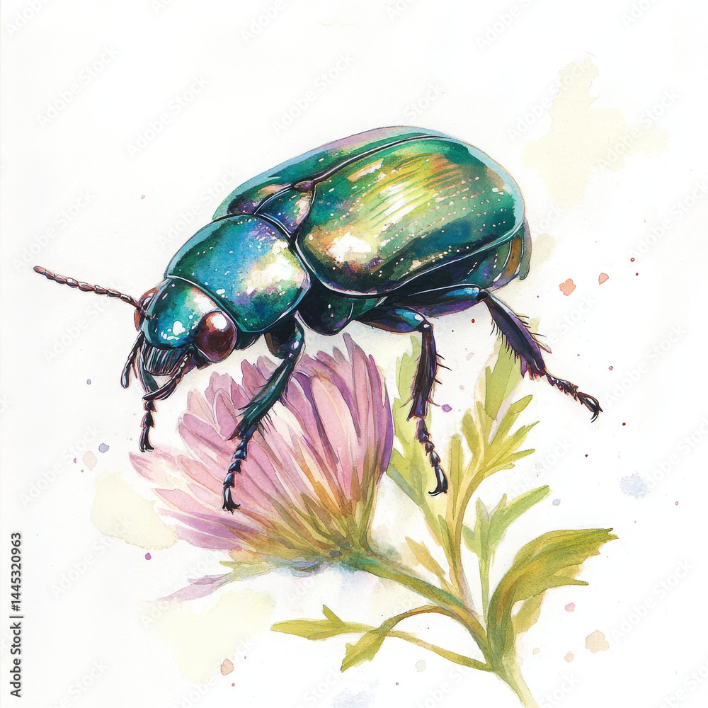 Naklejka premium Shiny beetle rests peacefully on delicate flower, full of life