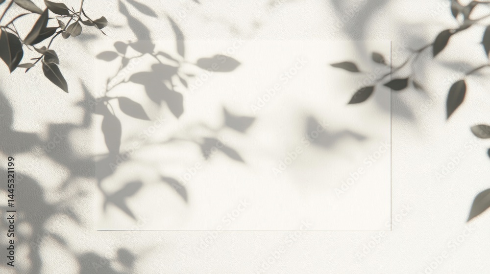 White Wall Background with Plant Shadows and Blank Paper White Wall Background with Plant Shadows and Blank Paper