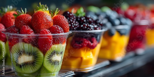 Wallpaper Mural Pre-packaged fruit salads in clear cups featuring kiwi, strawberries, blueberries, and mango displayed in a case, highlighting vibrant colors and healthy snacks.   Torontodigital.ca