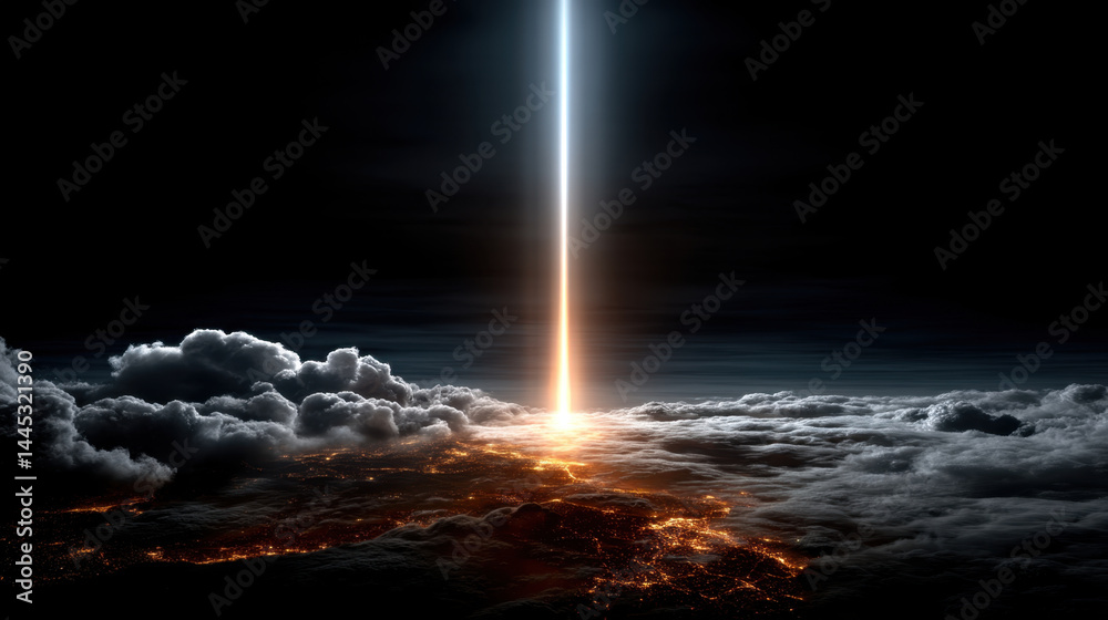 Glowing beam of light shines down from dark sky onto cloud covered landscape with illuminated areas below, creating dramatic and mysterious atmosphere Glowing beam of light shines down from dark sky onto cloud covered landscape with illuminated areas below, creating dramatic and mysterious atmosphere