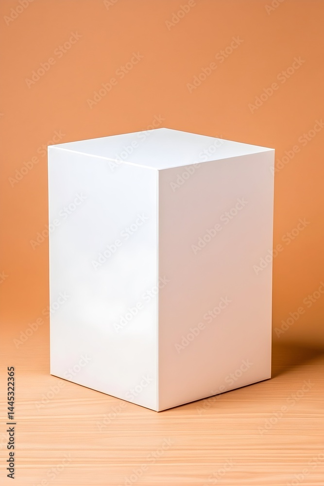 A pristine white cube sits on a light brown surface against a muted orange backdrop A pristine white cube sits on a light brown surface against a muted orange backdrop