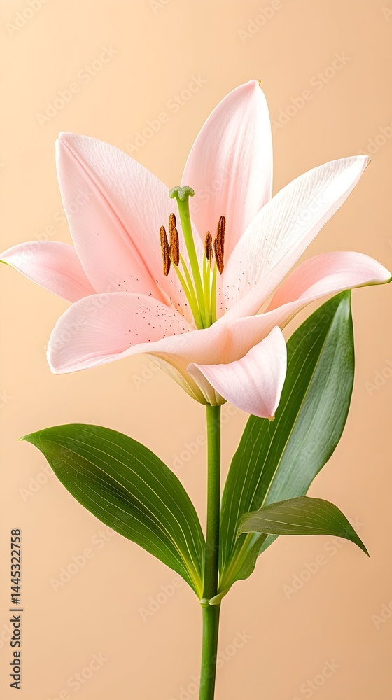 A single pale pink lily with green leaves against a beige backdrop