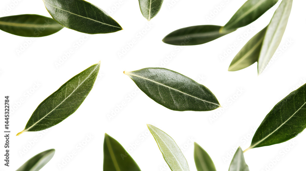 Naklejka premium Fresh Falling Olives Leaf on White Background for Food and Nature Concept
