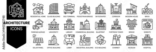 Architecture icon set. Vector illustration concept with icon of architecture, residential home, skyscraper, modern house, office building and more. Outline icons vector symbol background collection.