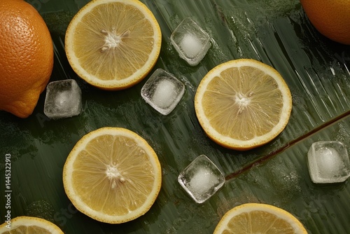 Citrus slices with ice cubes on green leaves photo
