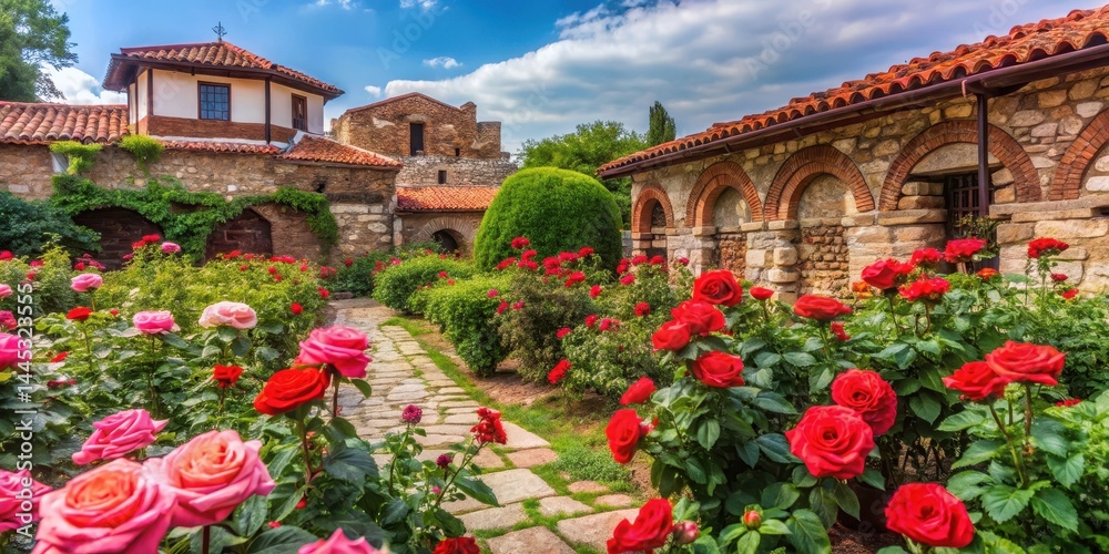 Fototapeta premium Ancient rose garden in Nessebar, Bulgaria's historic old town , bulgaria, roses, bulgaria, roses, nature, nessebar, landscape