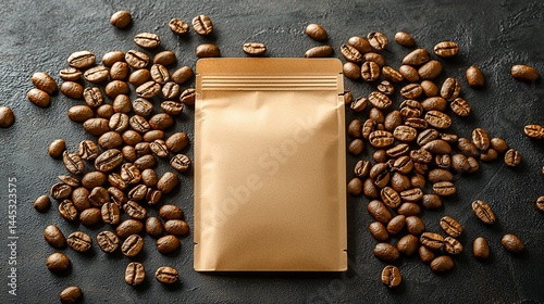 Coffee beans and a kraft paper pouch