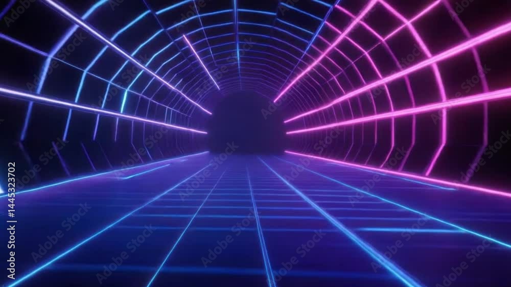 Futuristic tunnel with vibrant neon lines. A cyberpunk-style tunnel with glowing, geometric grid patterns. Dark background illuminated by bright neon Futuristic tunnel with vibrant neon lines. A cyberpunk-style tunnel with glowing, geometric grid patterns. Dark background illuminated by bright neon