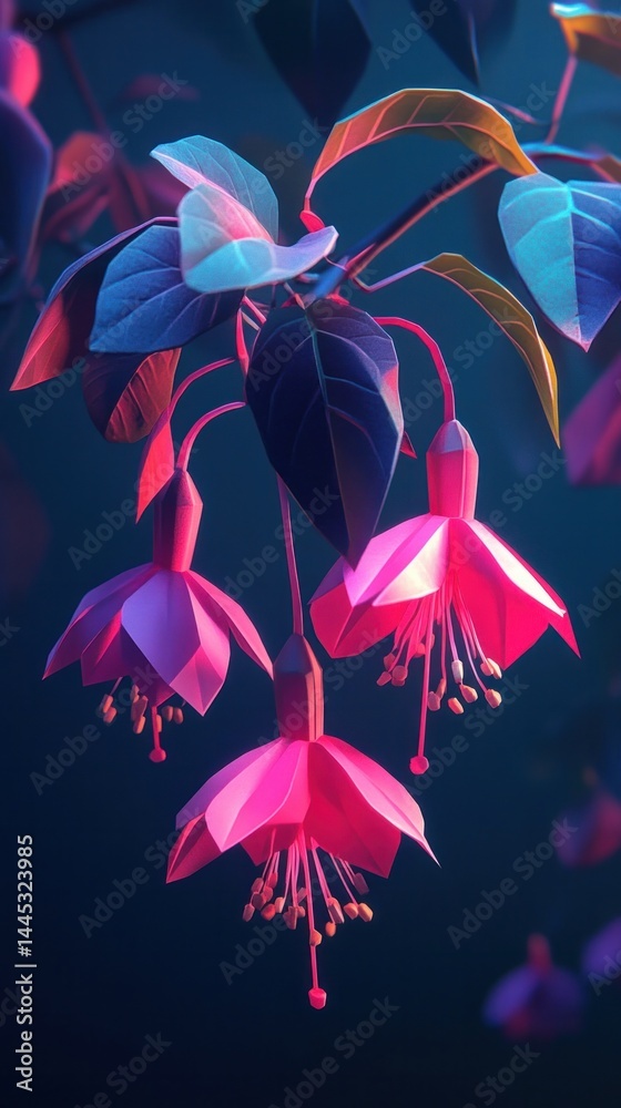 Obraz premium Closeup of Vibrant Fuchsia Flowers Blooming Against Lush Botanical Foliage Background Delicate Floral Petals and Stems in Bright Pink and Purple Shades Create a Beautiful Exotic and Nature Scene