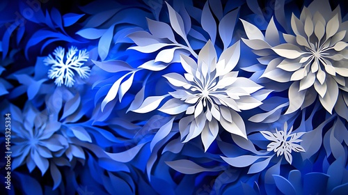 flowers and leaves cut from intricate paper on a dark blue background creating an elegant contrast made with Generative AI technology