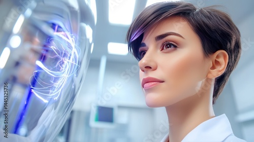Visionary in the Lab: A focused professional gazes intently at a cutting-edge scientific innovation within a futuristic laboratory, symbolizing curiosity and the pursuit of knowledge.
