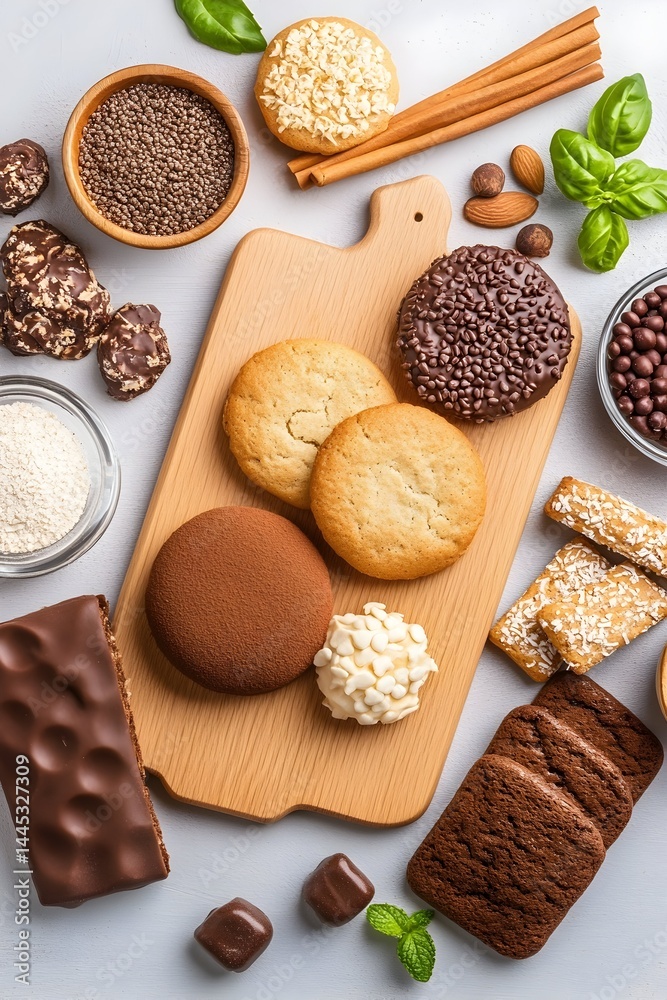 Assorted cookies, chocolates, and baking ingredients arranged on a light surface Assorted cookies, chocolates, and baking ingredients arranged on a light surface