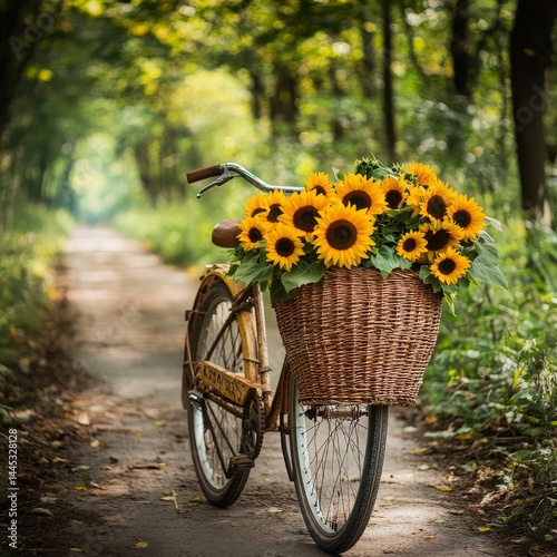 September Rustic Ride Vintage bicycle with wicker basket full of sunflowers country road rustic charm Image