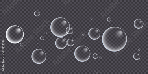A set of colorful and colorful soap bubbles to create a design. Isolated, transparent, realistic soap bubbles on a transparent background.