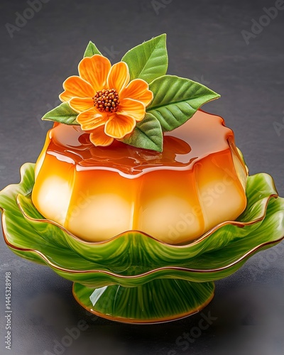 Obraz na płótnie A traditional Filipino leche flan dessert topped with a glossy caramel glaze, showcasing its silky texture and golden sweetness in a mouthwatering presentation. w salonie
