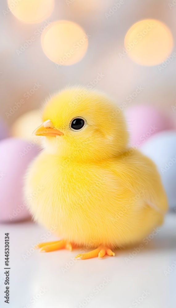 Fluffy yellow chick sits near pastel eggs, bokeh background Fluffy yellow chick sits near pastel eggs, bokeh background