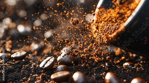 Coffee grounds being poured onto coffee beans