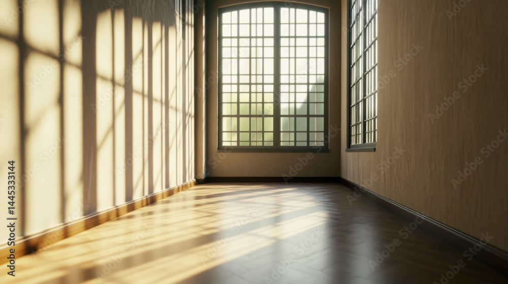 Empty room with large window casting warm sunlight and shadows on wooden floor, creating calm and peaceful atmosphere in spacious interior Empty room with large window casting warm sunlight and shadows on wooden floor, creating calm and peaceful atmosphere in spacious interior