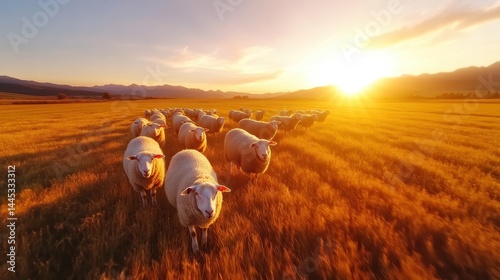A picturesque scene of sheep grazing in a sunlit field, showcasing a serene coexistence with nature during the golden hour, emphasizing tranquility and rural beauty.