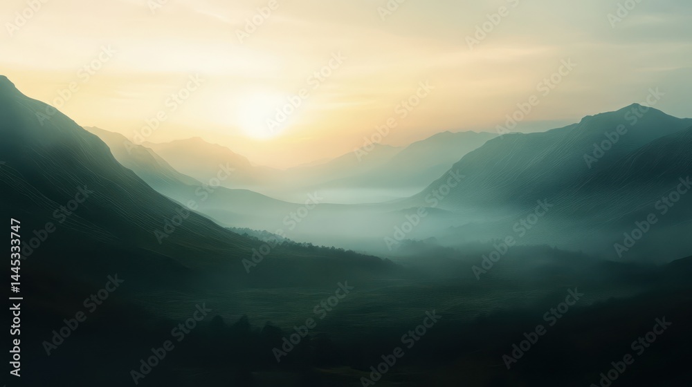 Fototapeta premium Misty mountain sunrise landscape illustration