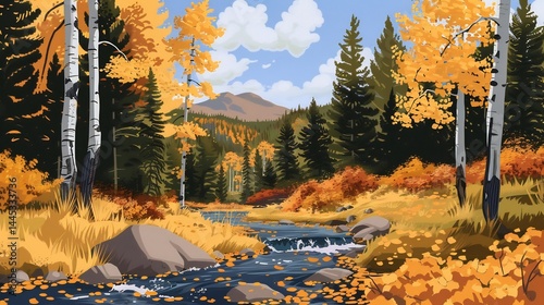 Autumn arrives the high country as golden aspen groves blaze against dark evergreen forests their fallen leaves carpeting a meandering mountain stream