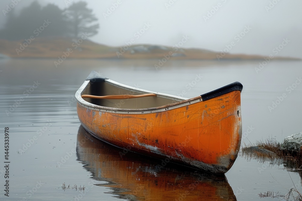 An orange canoe floating gracefully on a calm and misty lake