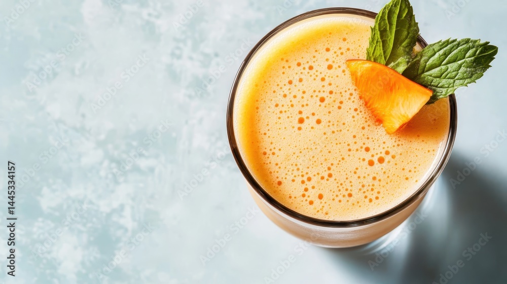 A vibrant tropical smoothie garnished with a slice of fruit and fresh mint, exuding freshness and flavor, ideal for a refreshing summer experience or healthy snack. A vibrant tropical smoothie garnished with a slice of fruit and fresh mint, exuding freshness and flavor, ideal for a refreshing summer experience or healthy snack.